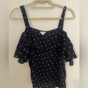 J CREW FACTORY navy and white polka dot off the shoulder top